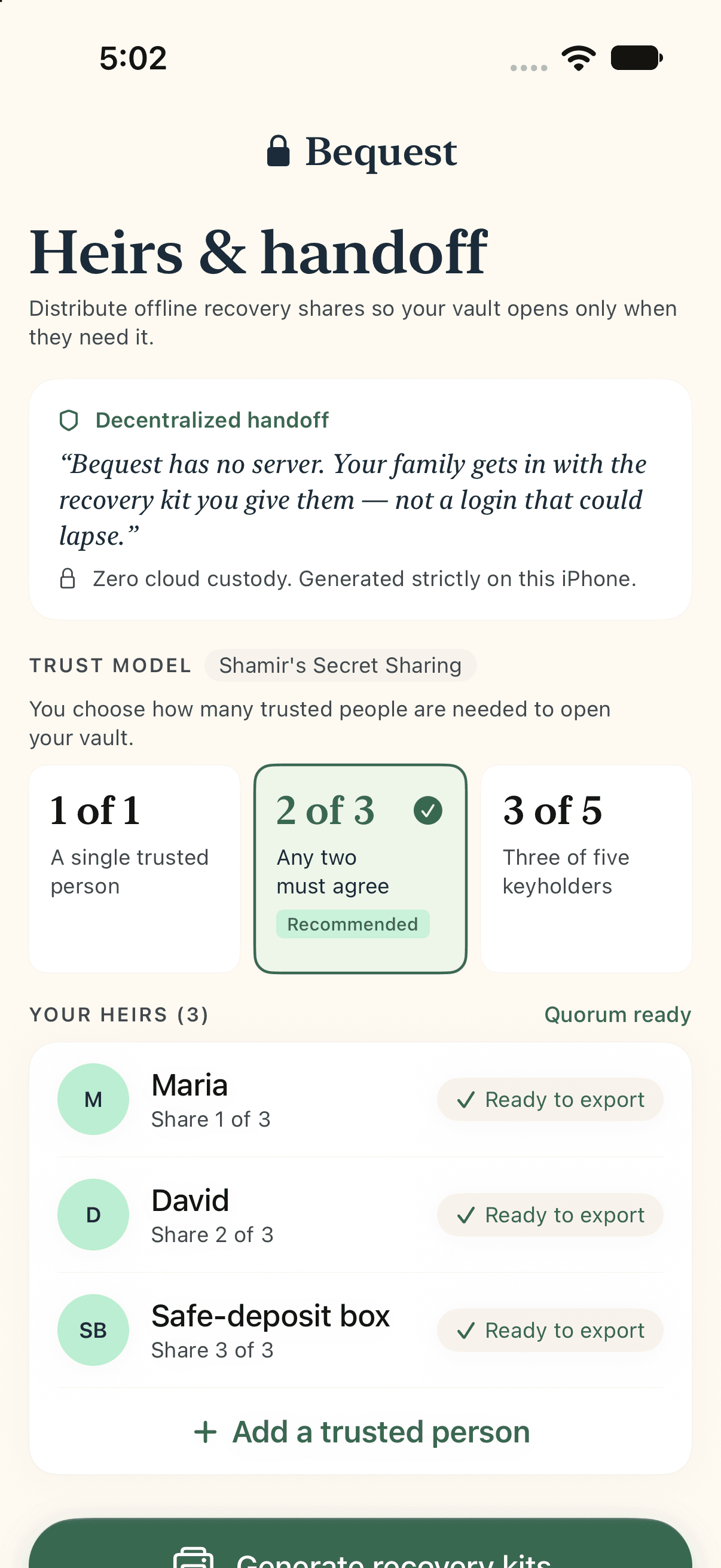 Heirs and handoff — Shamir 2-of-3 trust model