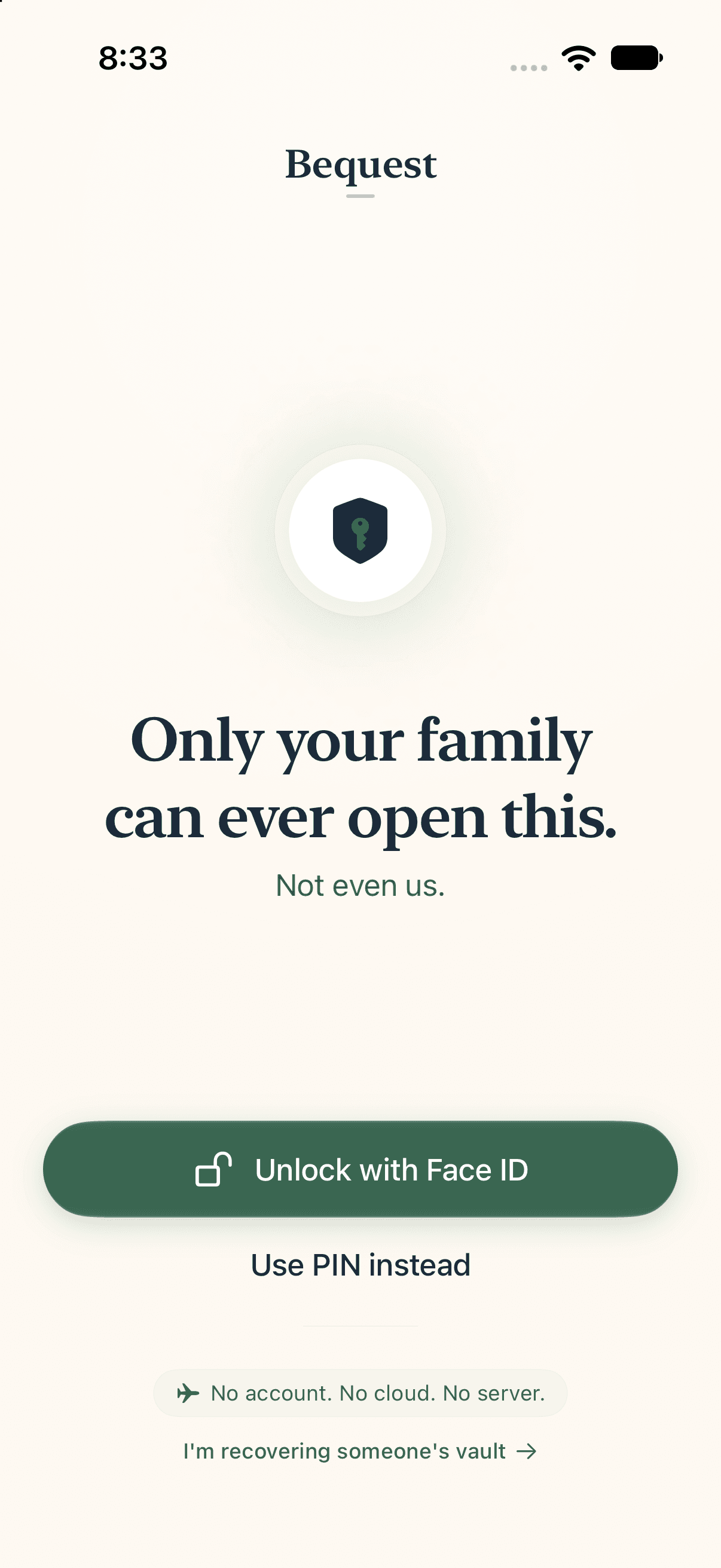 Bequest lock screen — only your family can open this