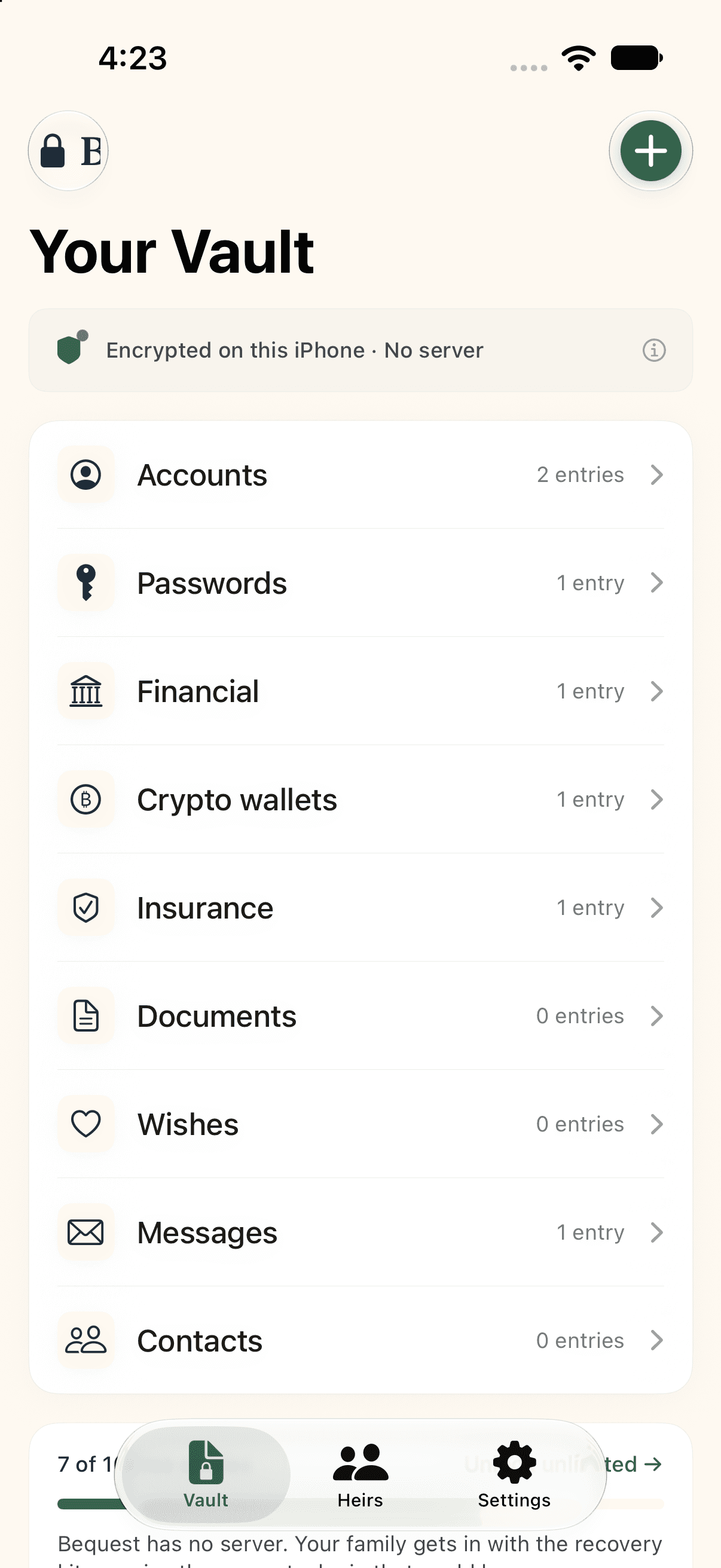 Bequest vault home with encrypted category entries